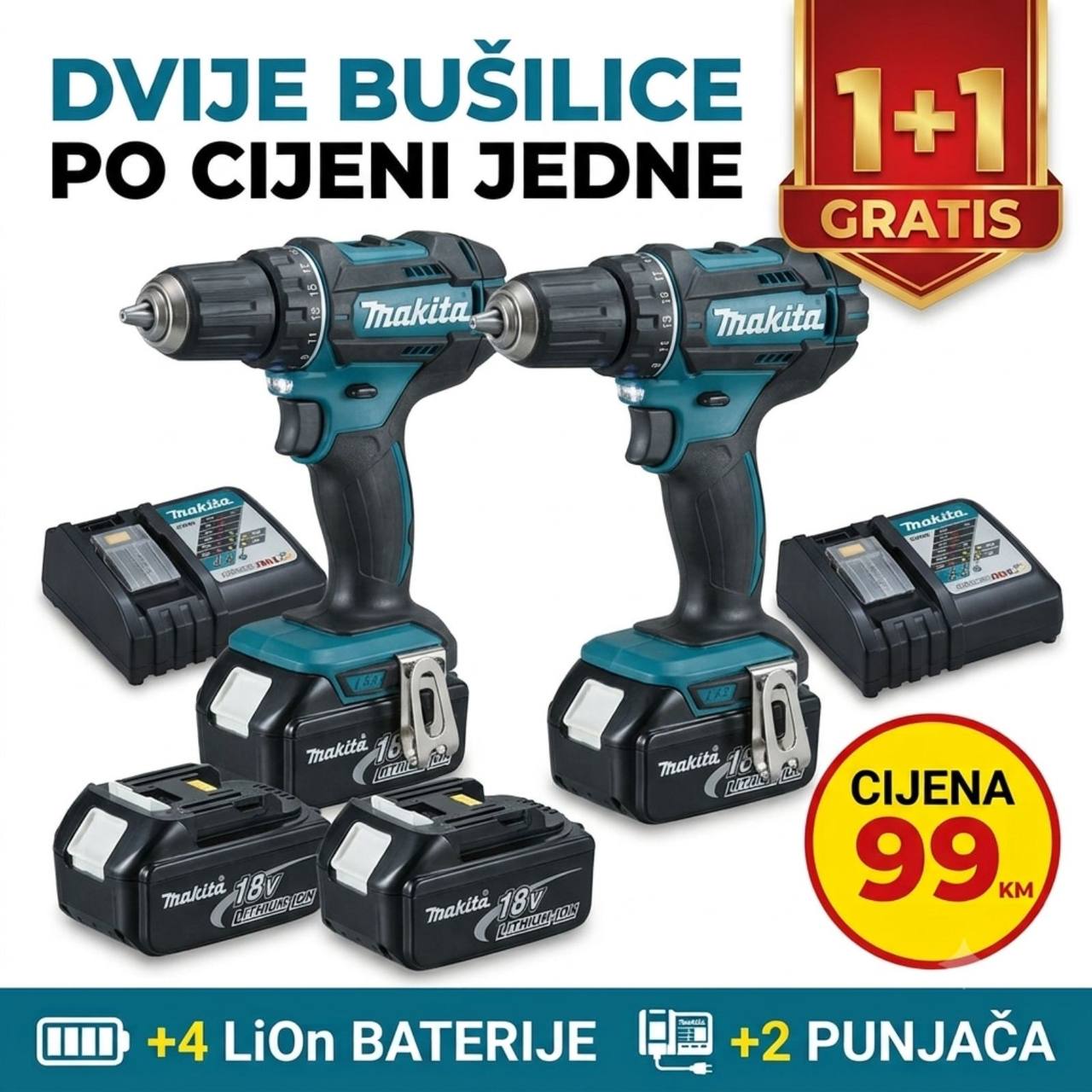 Set 2 aku bušilice sa 4 baterije